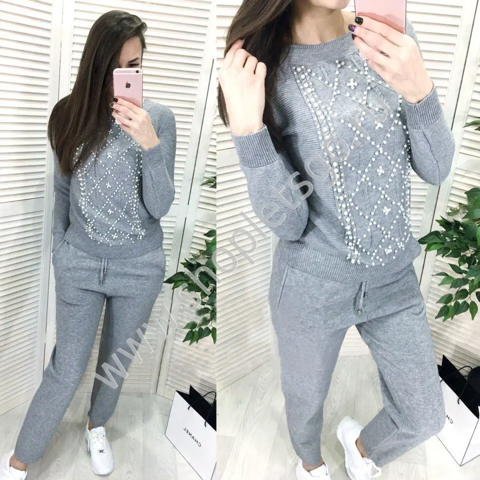 

sweatsuit Knitted sweater knitted Pearl-trimmed costume sweat suits women