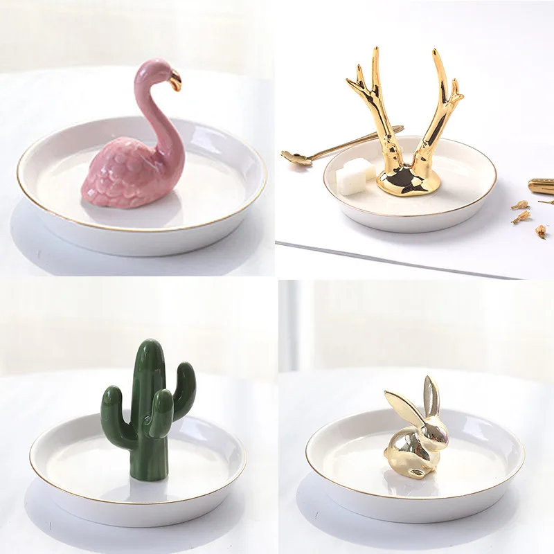 

Ceramic Jewelry Plate Flamingo Pineapple Cactus Rabbit Deer Iron Tower Elephant Model Storage Tray Decorative Ornaments Crafts