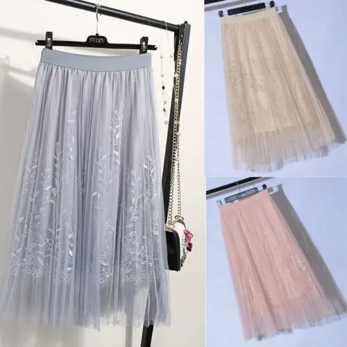 Новые 3 слоя Тюлевая юбка-пачка Для женщин вышивка юбка в складку с длинным разрезом из сетка; с высокой талией юбка феи