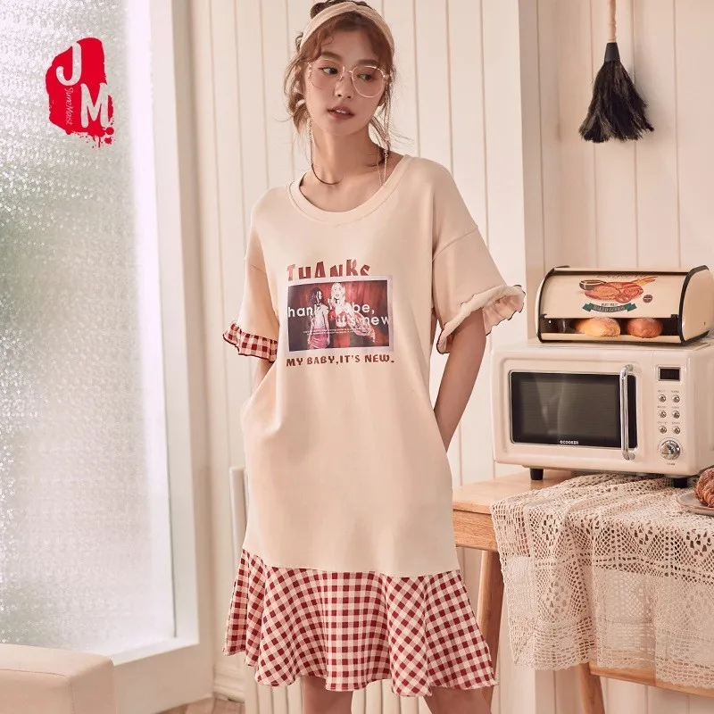

Cotton Nightgown Women Short Sleepwear Women Cotton Cartoon Nightdress Sexy Summer Plus Size Nightwear O-neck Ladies Home Dress