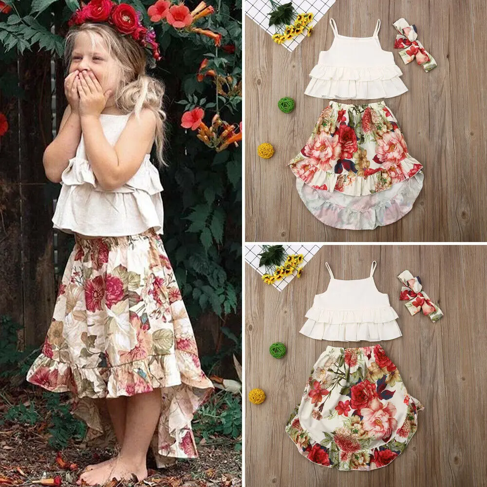 Toddler Kids Little Girl Skirt Set Ruffle Straps Tank Top+Boho Floral Skirts Dress 2 Piece Summer Outfits Clothes
