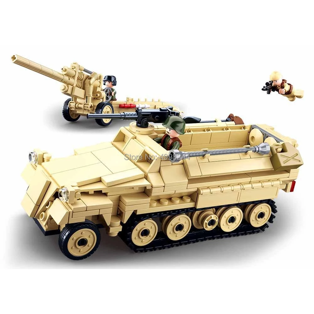 

sluban 0695 460pcs military k18 105mm cannon artillery half-track vehicle ww2 world war ii building blocks 3 figures Bricks Toy