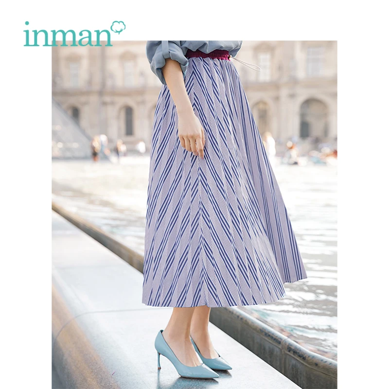 

INMAN 2019 Spring New Arrival High Waist Slim Retro Striped Casual All Matched Loose A-line Women Skirt