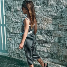 Детские с открытыми плечами, полоска для маленьких девочек, комбинезоны, штаны, брюки, комплекты одежды