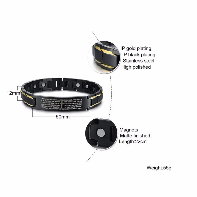 Черный магнитный браслет для мужчин с английским лордом, два тональных ID браслета из нержавеющей стали, христианские мужские ювелирные изделия 8,6 дюйма