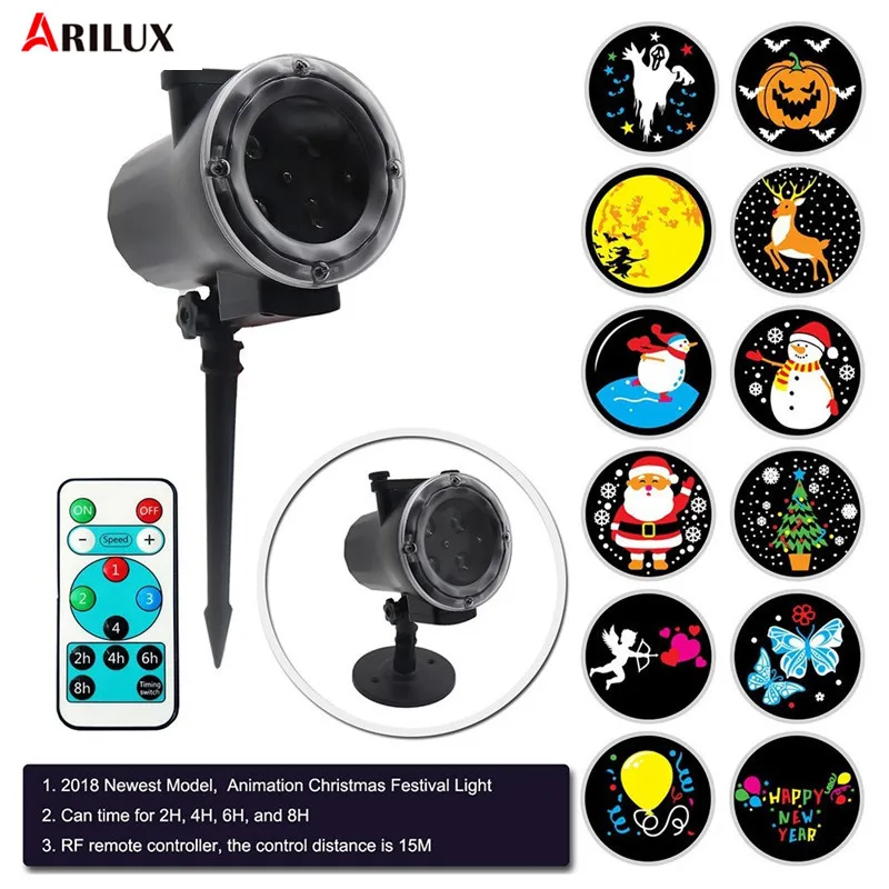 

ARILUX 8W Animated 12 Patterns Remote LED Projector Christmas Stage Light Landscape Lamp with RF Romate Control AC110-240V