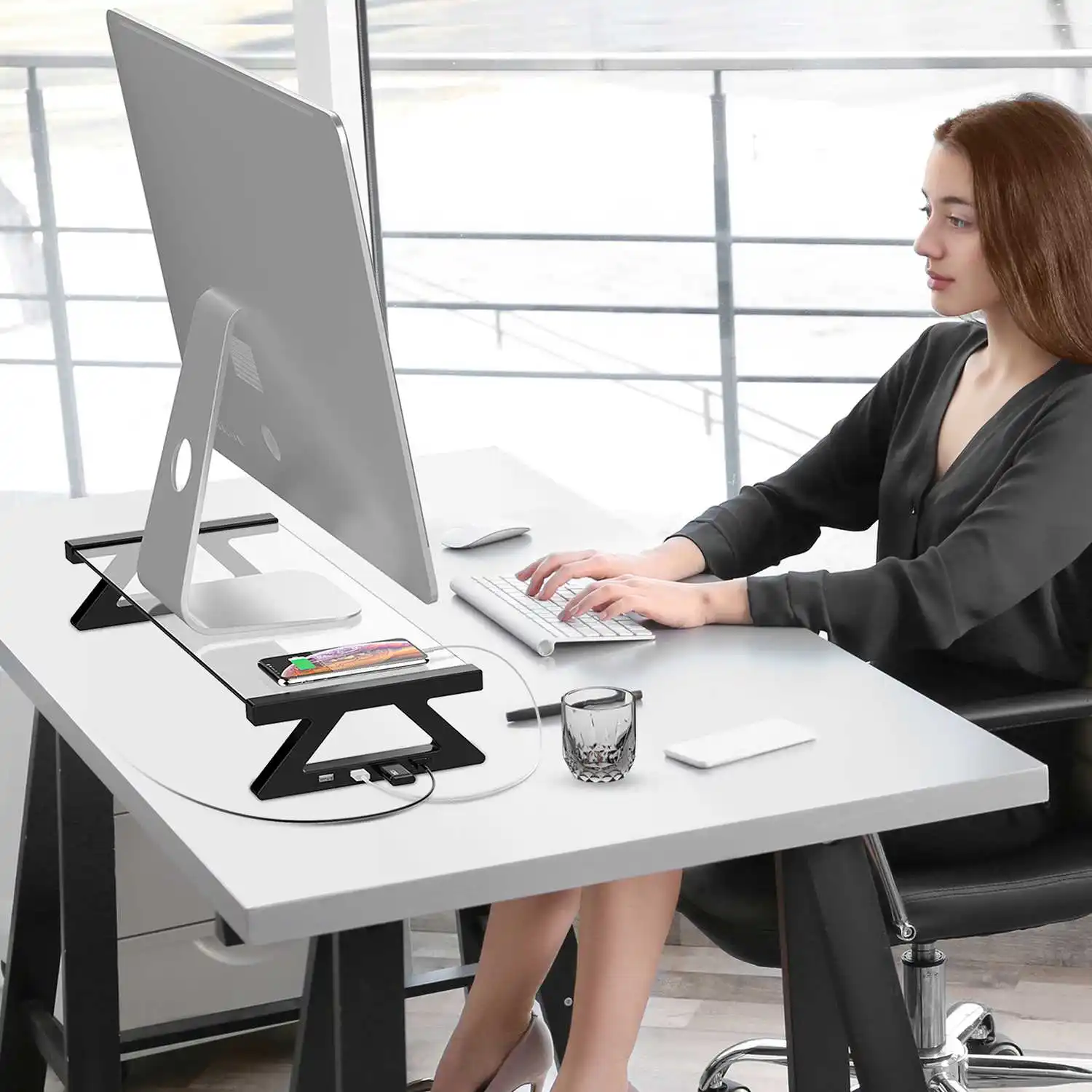  Computer Monitor Stand Multi-function Desktop Monitor Stand Computer Screen Riser Tempered Glass Pl