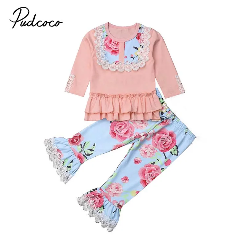 2019 Brand Kids Baby Girls Princes Clothes Spring Autumn Outfits Ruffle Lace T-shirt Tops Dress+Floral Leggings Flare Pants 2Pcs | Детская