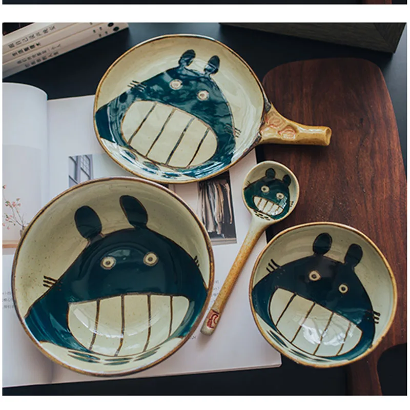 

Totoro Hand-painted Ceramic Rice Bowl Set Cutlery Lovely Japanese Cartoon Mug Dish Spoons Tableware Dishes and Plates Sets Gift