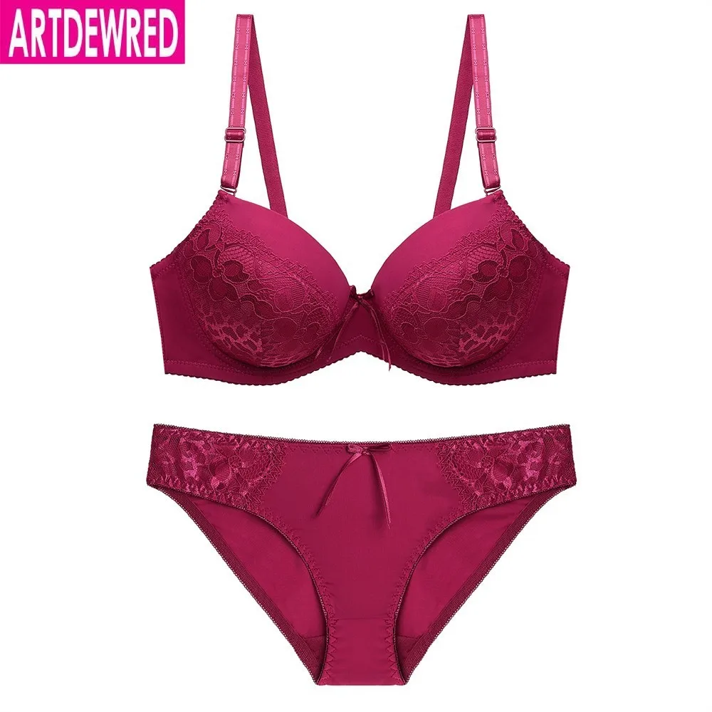 

Sexy Full Lace C D Cup Women Bra Set Lace Hollow Underwear Panty Set Solid 6 Color Push Up Bra Brief Set Big Size