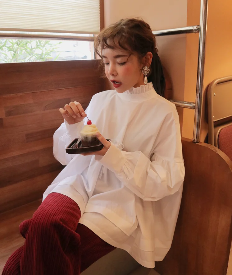  SuperAen Korean Style Women Shirt Solid Color Cotton Casual Wild Stand Collar Blouses and Tops Fema