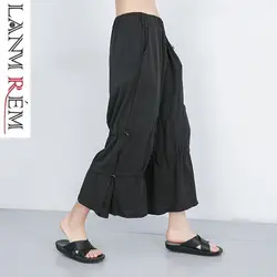 LANMREM Эластичный Талия черный плиссированные шнурок брюки для женщин 2019 Лето Новая мода личные свободные лодыжки длина брюки YH41