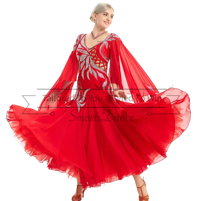 

red crystal and rhinestone ballroom dress brand designers custom made plus size fashion style for ballroom dancing dresses