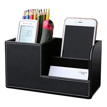 

PU Leather Desk Stationery Box Organizer, Office Desktop Organizer with 3 Divided Storage Compartments for Storing Pen/ Remote