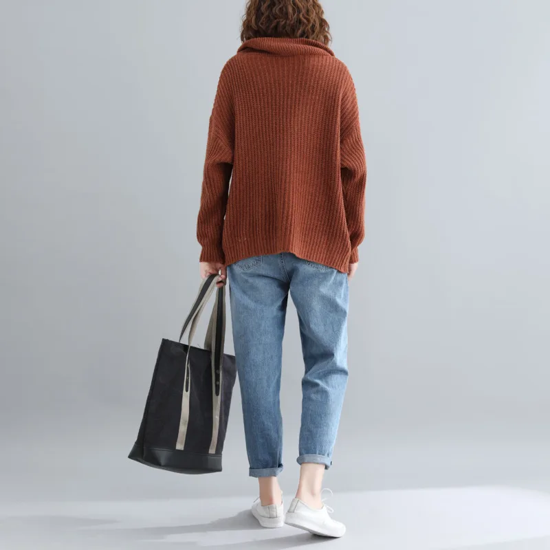 Coffee Sleeve Knitted Solid Zipper Pullovers Sweater Turn Down Winter Buykud Red Batwing Collar Long Women Cotton Casual qgavU