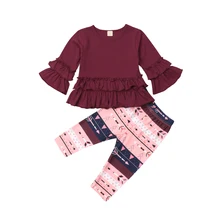 2 шт. Дети для маленьких девочек рюшами Топы-платья, штаны осенняя одежда От 6 месяцев до 4 лет детская одежда