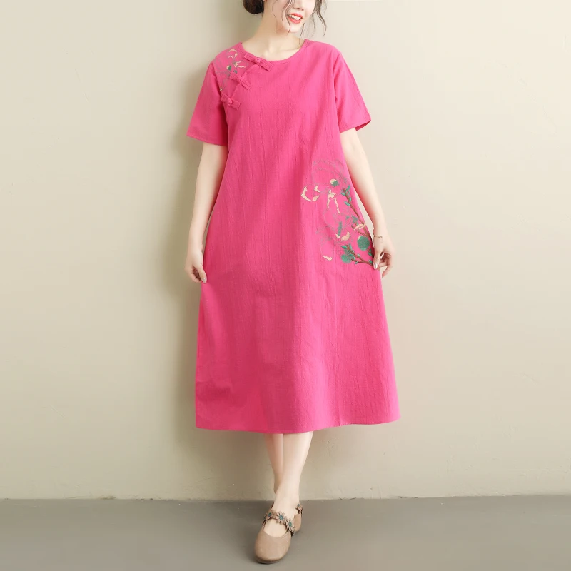 

Spring Summer New Women Loose Casual Floral Embroidery Dresses Vintage O-neck Long-sleeved Cotton Linen Dress Vestido
