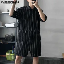INCERUN полосатый Для мужчин комбинезон уличные комбинезоны Shortsleeve карманов Свободный комбинезон хип-хоп модные комбинезоны Для мужчин брюки летние