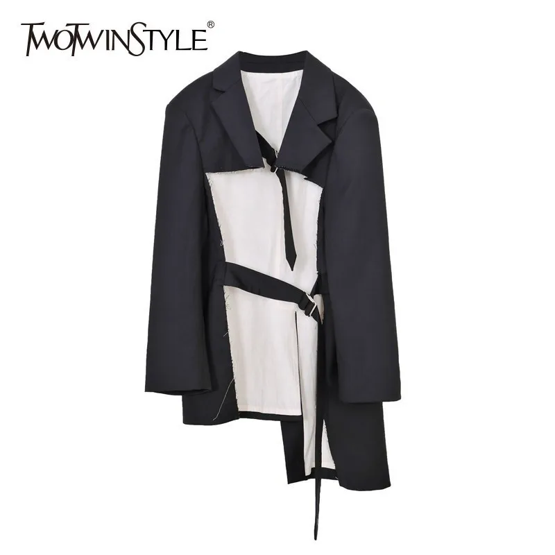 

TWOTWINSTYLE Black Irregular Blazer Coats Female Lapel Long Sleeve Lace Up Oversized Womens Outerwear 2019 Spring Fashion Tide