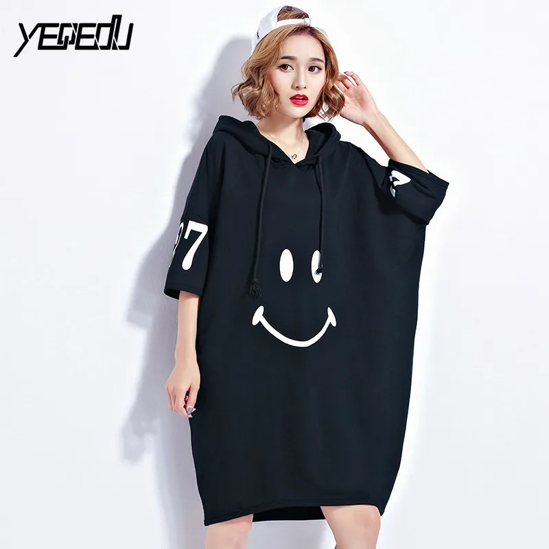 

#1612 Smile printed T shirt dress women Hooded Loose Big size Harajuku Roupas feminina Streetwear Women dresses Half sleeve