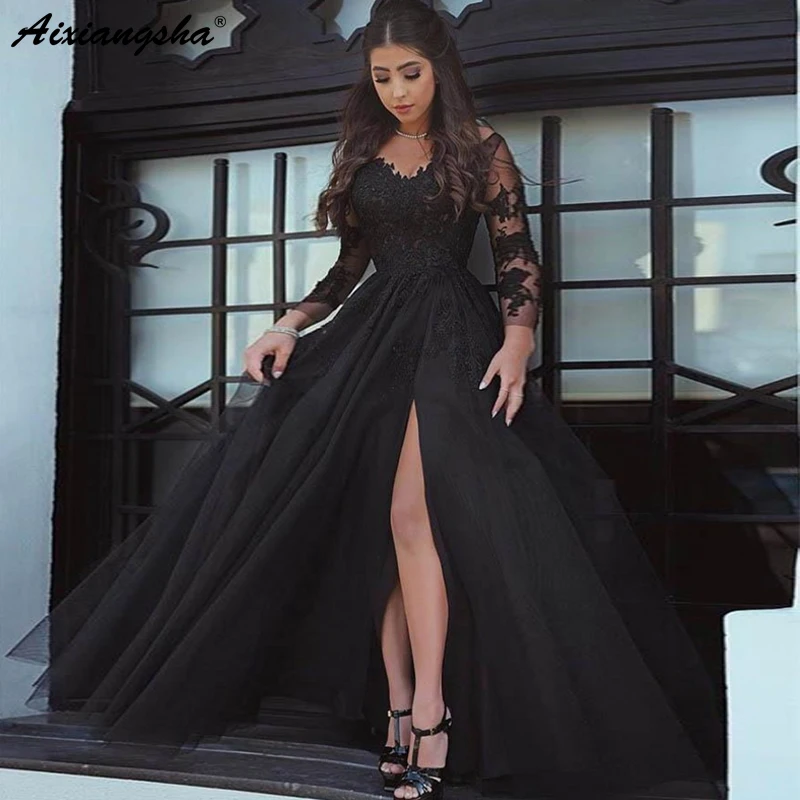 

New Design luxury Lace Appliques Illusion Slit 2019 Evening Dresses Open Back Formal Party Gown Long Sleeve Prom Dresses