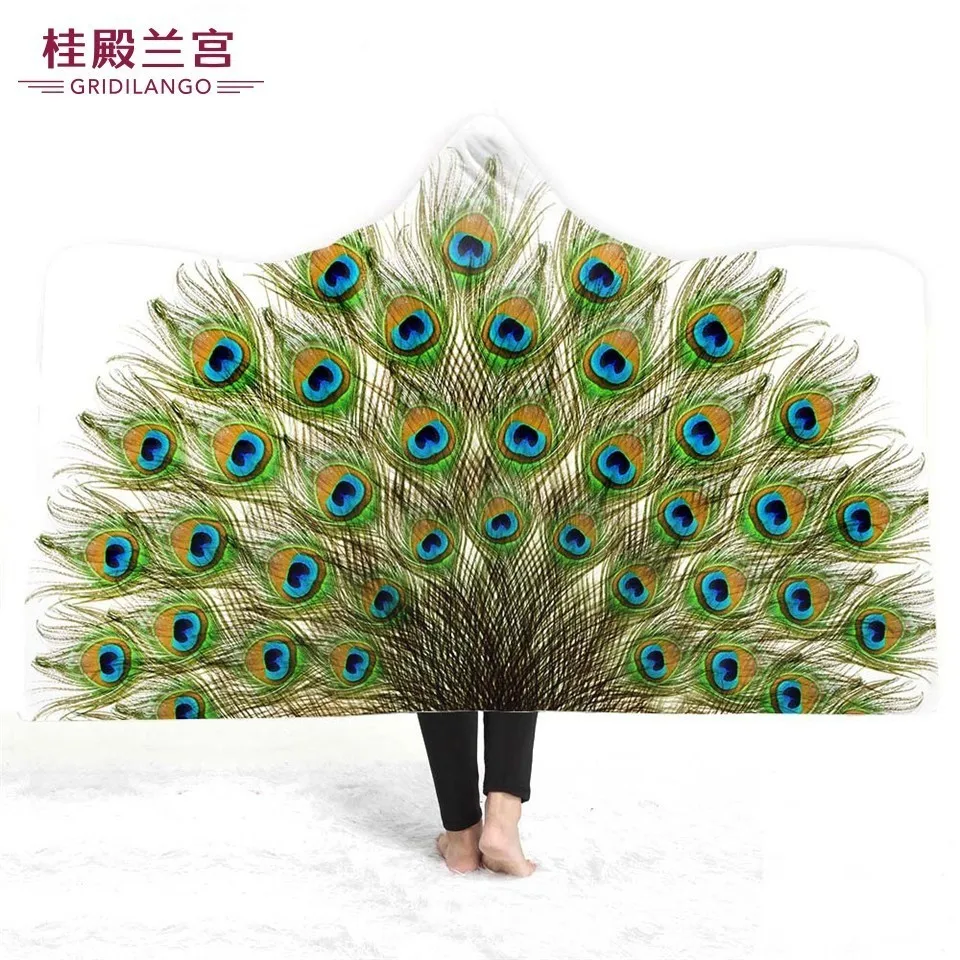 

GRIDILANGO Peacock Opening Pattern Hooded Blanket Colorful Feather Printing For Adults Kids Wearable Throw Blankets Travel Plane