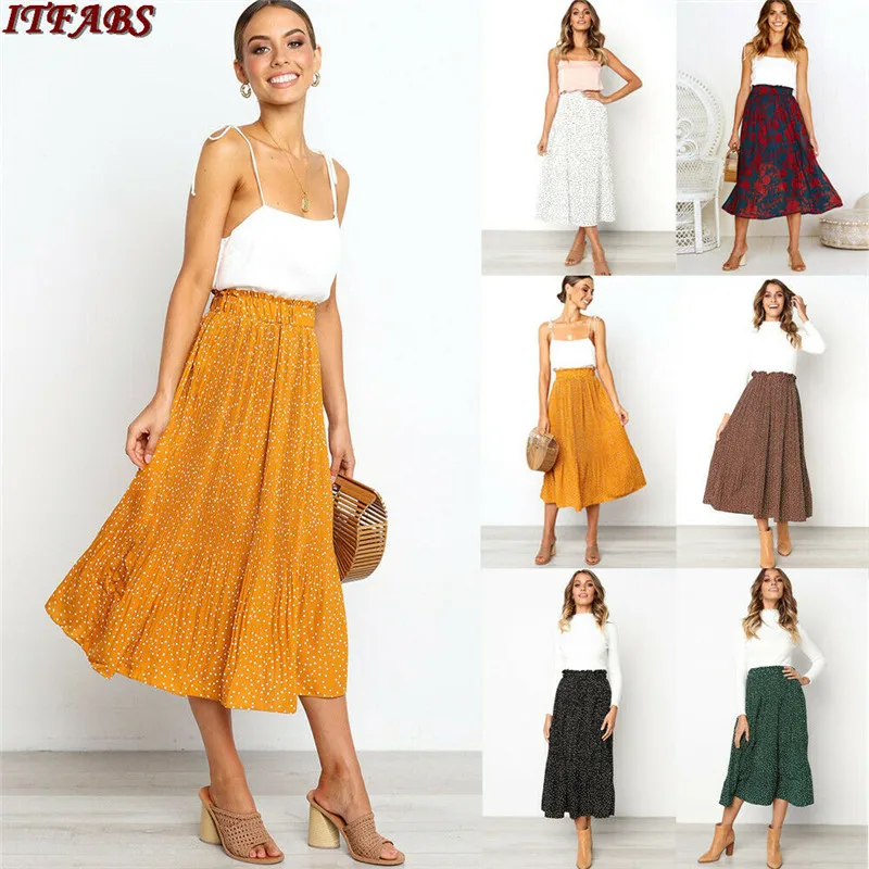 

Spring 2019 Long Pleated skirts womens Summer Casual Women Skirt High Waist Holiday Clubwear Party Skirt streetwear jupe femme