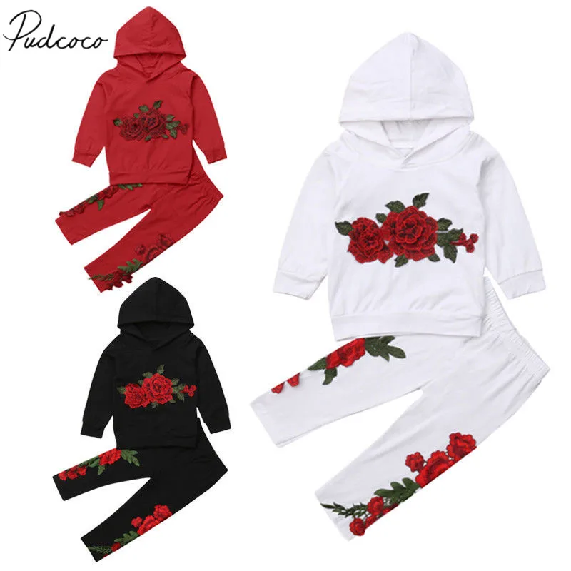 

2018 Brand New Toddler Kids Baby Girls Embroidery Roes Clothes 2PCS Floral Hooded Pullover Tops+Long Pants Clothes Autumn Outfit