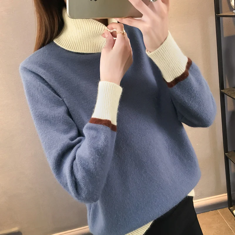 PEONFLY Autumn Winter Thick Turn-down Collar High Elasticity Casual Pullovers Female Thick Turtleneck Knitted Women Sweater