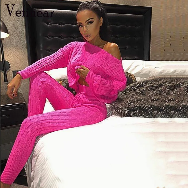 

Vefinear New Long Sleeve Crop Tops And Legging Two Piece Sets Women Sweater Autumn Winter Streetwear Knitting Warm Women Suit XL