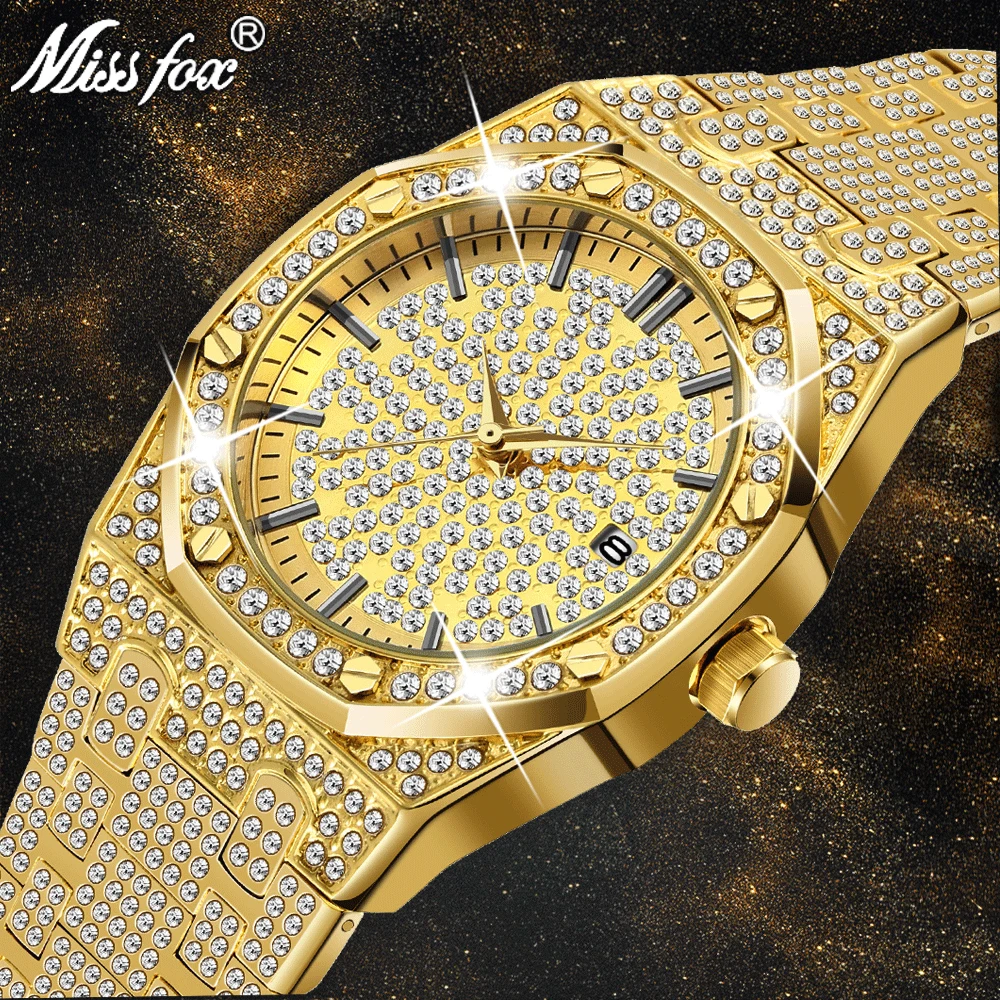 Kaufen 18K Gold Uhr Männer Luxus Marke Diamant Herren Uhren Top Brand Luxus FF Iced Out Männlichen Quarz Uhr Kalender einzigartige Geschenk Für Männer