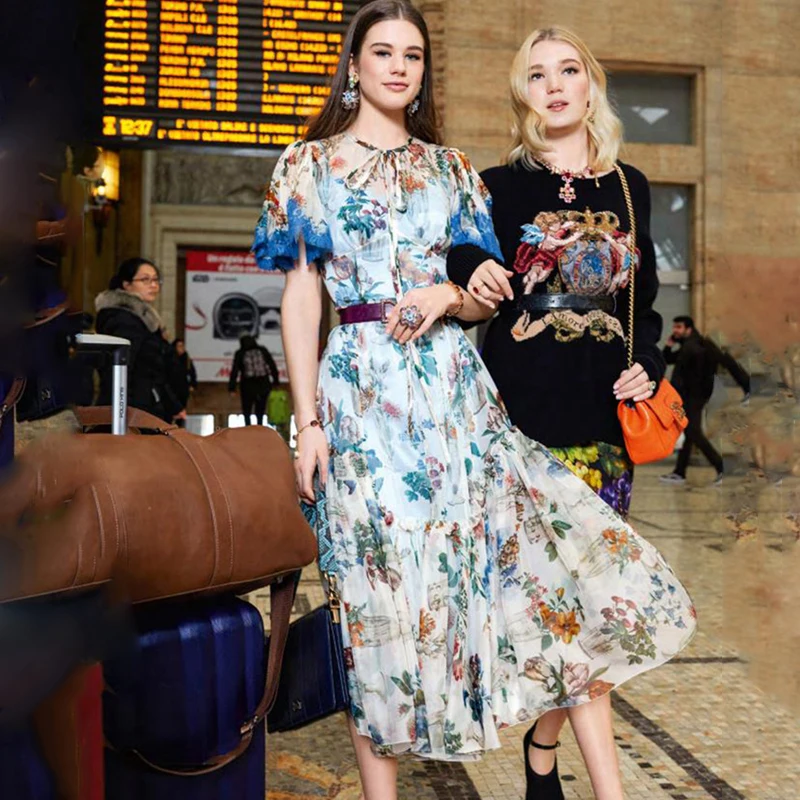 

Runway Brand Elegant Floral Print Women Party Maxi Dress 2019 Summer Lace Sleeve White Long Dresses Party Clothes
