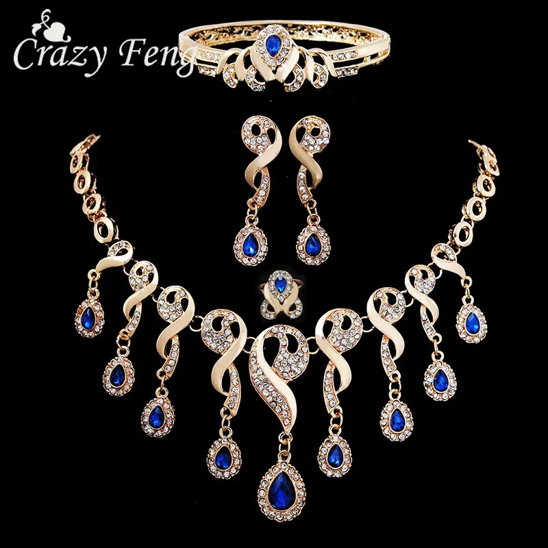 

Elegant CZ Crystal Tassel African Beads Jewelry Sets for Women Gold Color Wedding Necklace Earrings Bracelet Ring Jewellery