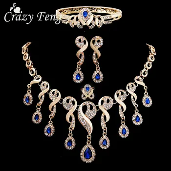 

Elegant CZ Crystal Tassel African Beads Jewelry Sets for Women Gold Color Wedding Necklace Earrings Bracelet Ring Jewellery