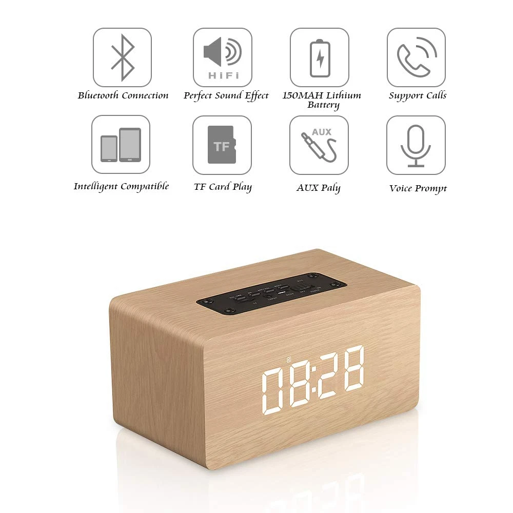 CNIM горячие портативный Bluetooth динамик цифровой Деревянный Будильник V4.2