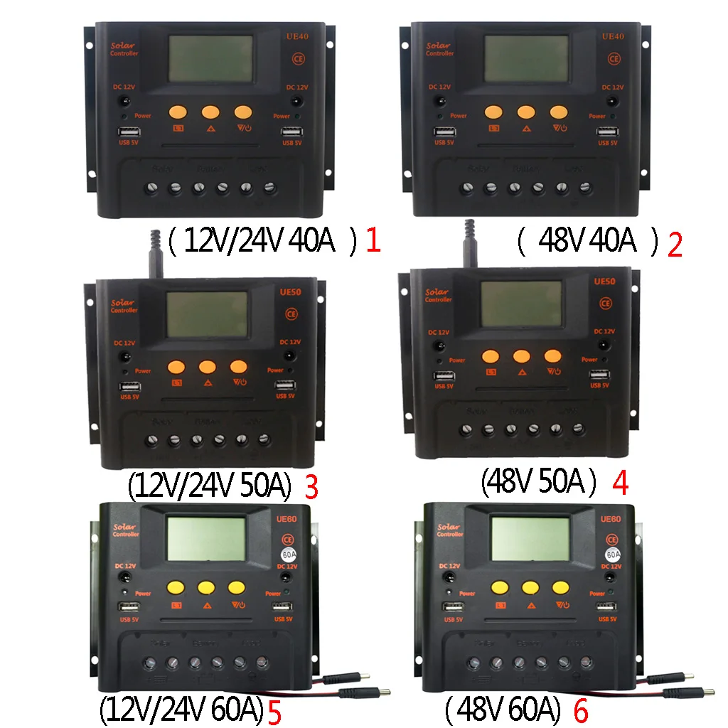 

40A 50A 60A PWM Solar Panel Charge Regulator Controller with LCD Screen 2 USB Ports 12V/24V 48V