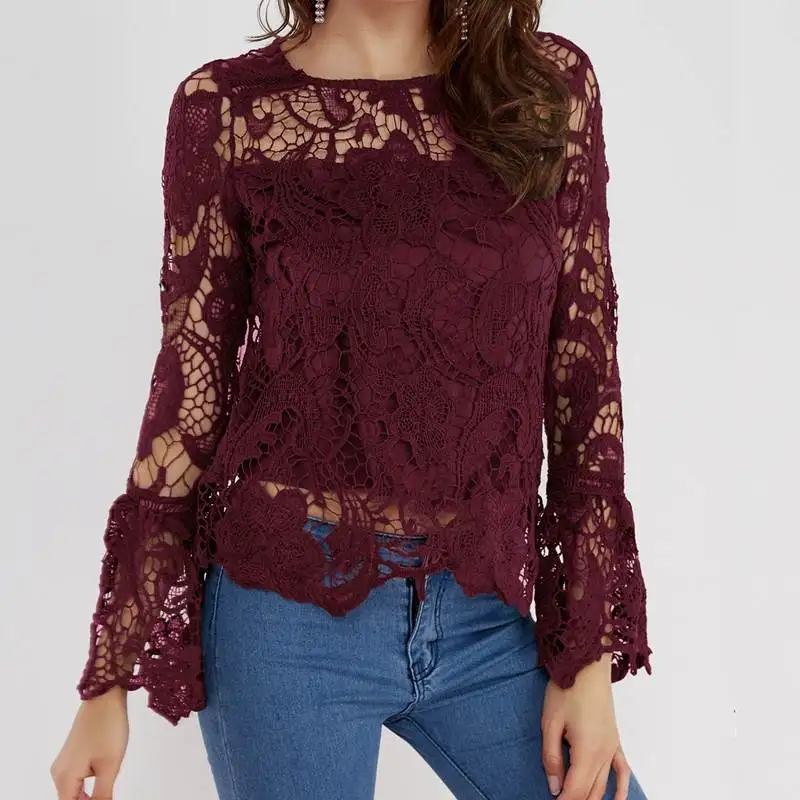 عارضة فضفاض انظر من خلال تي شيرت المرأة 2019 الصيف جولة الرقبة طويلة الكشكشة الأكمام خليط تفريغ الدانتيل مثير قمم المحملات 2XL