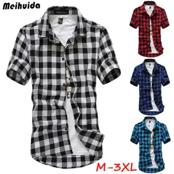 

US Fashion Mens Summer Casual Dress Shirt Mens Plaid Short Sleeve Shirts Tops