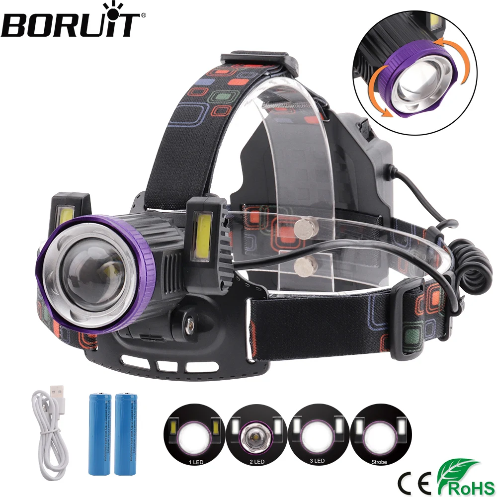 BORUiT T6 COB светодиодный Мощный налобный фонарь 3000LM 4 режимный с зумом