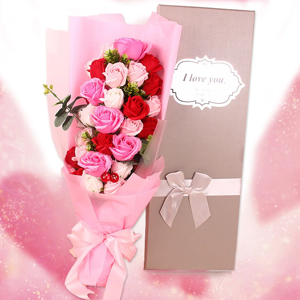 

2019 New Beautiful Soap Flowers With Gift Box Mix Lifelike Decorative Artificial Bouquet Preserved Flowers Mother's Day Gift