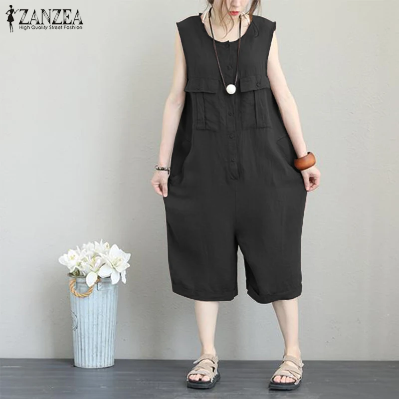 

Women's Cotton Linen Jumpsuits Pants 2019 Summer ZANZEA Vintage Wide Leg Rompers Femme Sleeveless Playsuits Overalls Pantalon