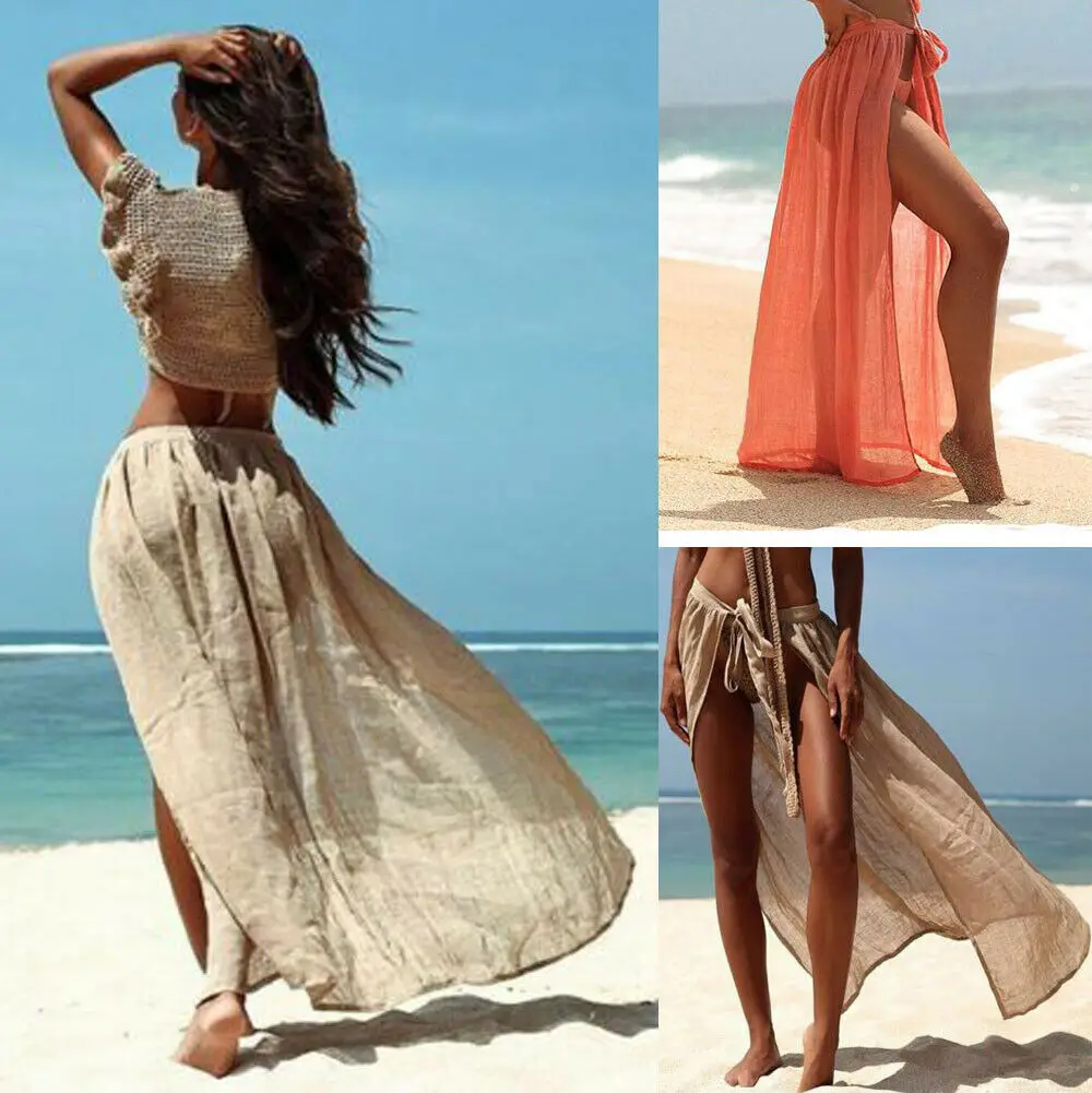 Hirigin Новинка 2019 года для женщин дамы Купальник Cover Up Sheer Пляж Длинная юбка Sheer Макси обёрточная бумага юбка