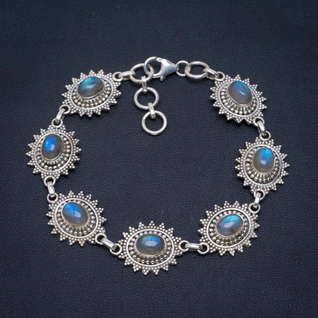 

Natural Blue Fire Labradorite Handmade Unique 925 Sterling Silver Bracelet 7.25-8" A2850
