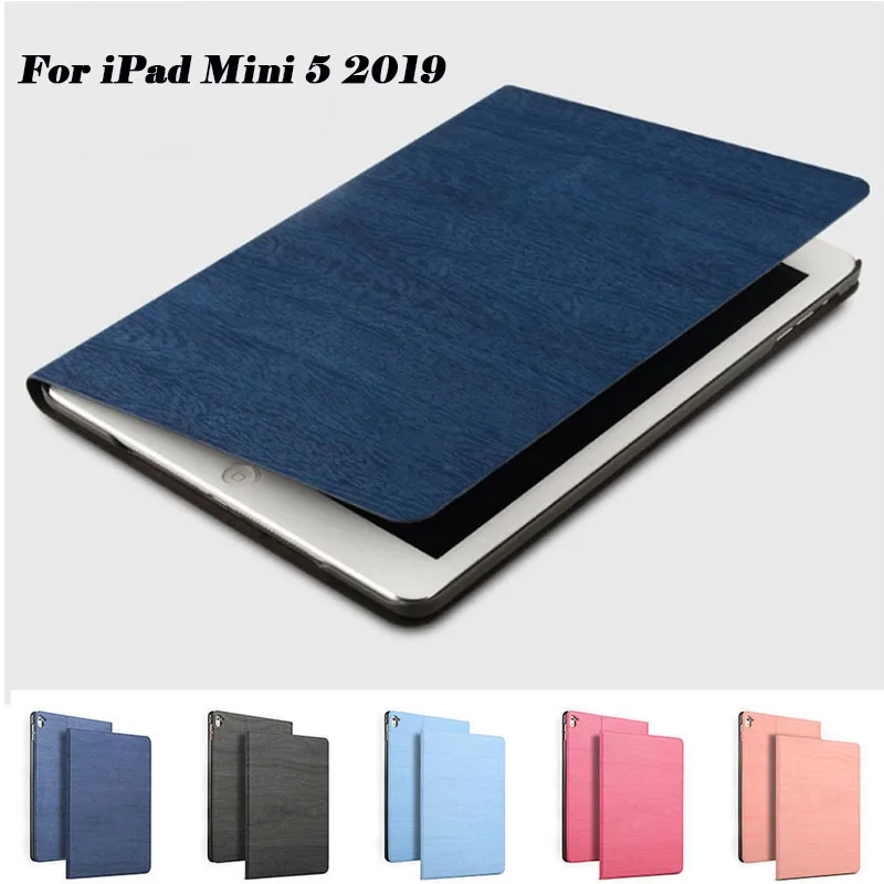 

For Apple iPad Mini 5 7.9 inch 2019 Simplicity PU Leather Wooden Smart Cover Folio Stand Case Auto Wake Cover Case