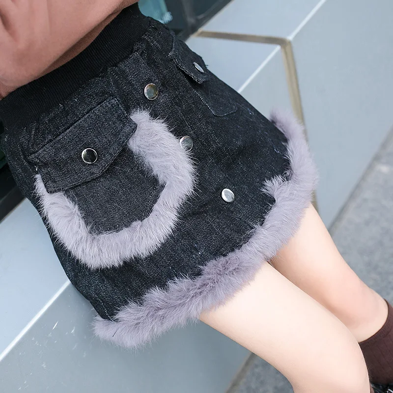 

Girls plus velvet skirt girls denim skirt 2018 new children's bag hip A skirt