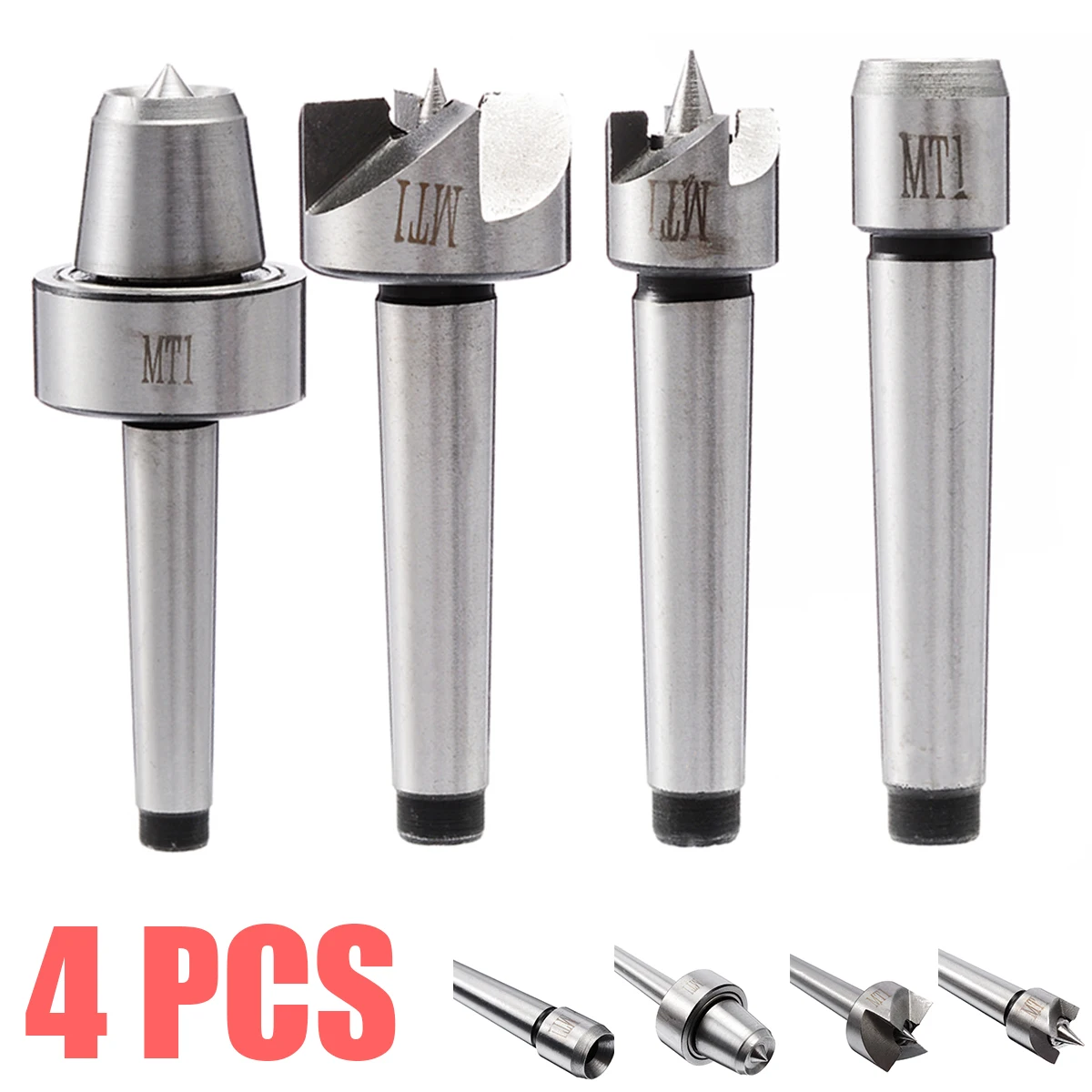 

4Pcs/Set MT1 Lathe Center Set Durable MT1 Wood Lathe Live Center And Drive Spur Cup Arbor For Wood and Metalworking Tool