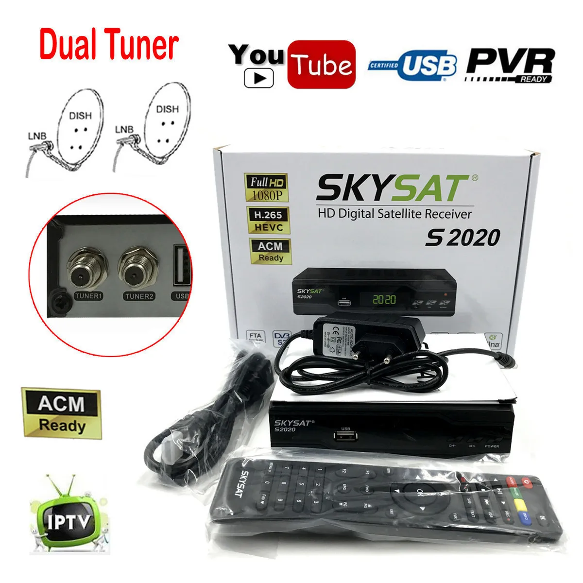 [Genuine]SKYSAT S2020 H.265 Twin Dual Dish Tuner DVB-S2 Satellite Receiver IKS SKS ACM IPTV M3U Auto Roll Full HD 1080P Youtube 