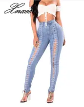 New Fashion Lace Up Jeans Woman Straight Eyelet Denim Jeans For Women eyelet lace up staggered jumper