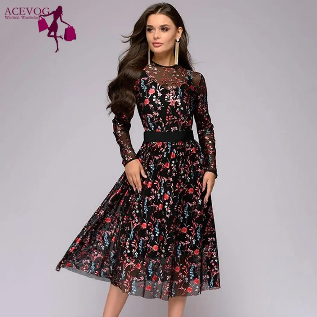 AACEVOG Dress Women Floral Embroidery Dresses Sheer Mesh Summer Women