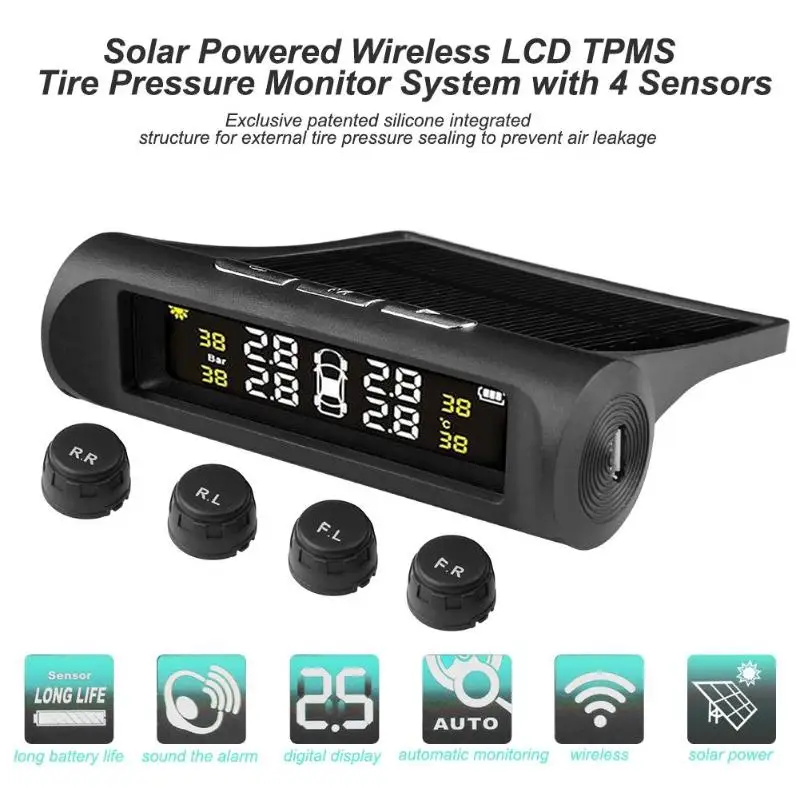 Универсальный солнечный ЖК дисплей автомобиля TPMS SP370 беспроводной шин давление мониторинга системы с 4 Датчики 1 шт. хост USB безопасности